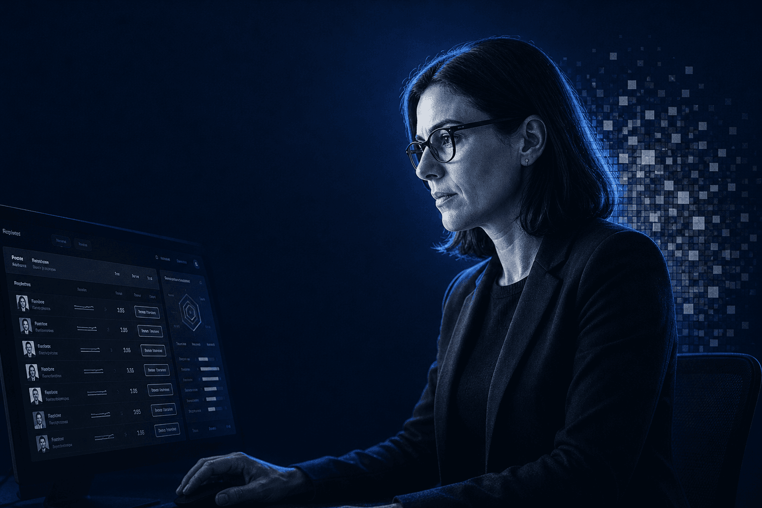 Hiring managers reviewing a digital talent dashboard featuring certified professionals, challenge rankings, and interview invite buttons, with an emphasis on transparent skill evidence