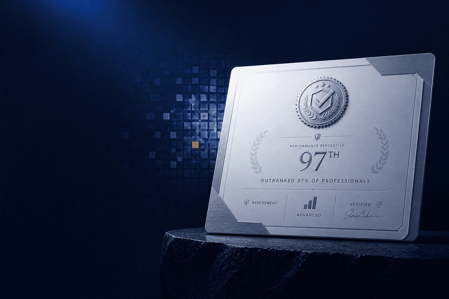 Silver certificate on a modern landscape template with metallic accents, official verification seal, and performance ranking details