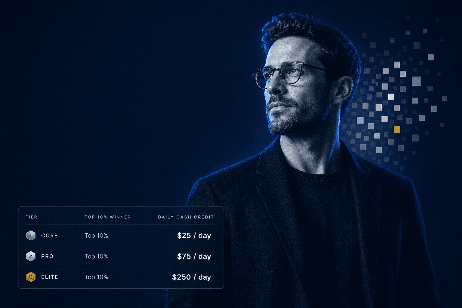 A cash prize ledger showing a fixed daily amount credited to each top-ten-percent winner across three subscription tiers