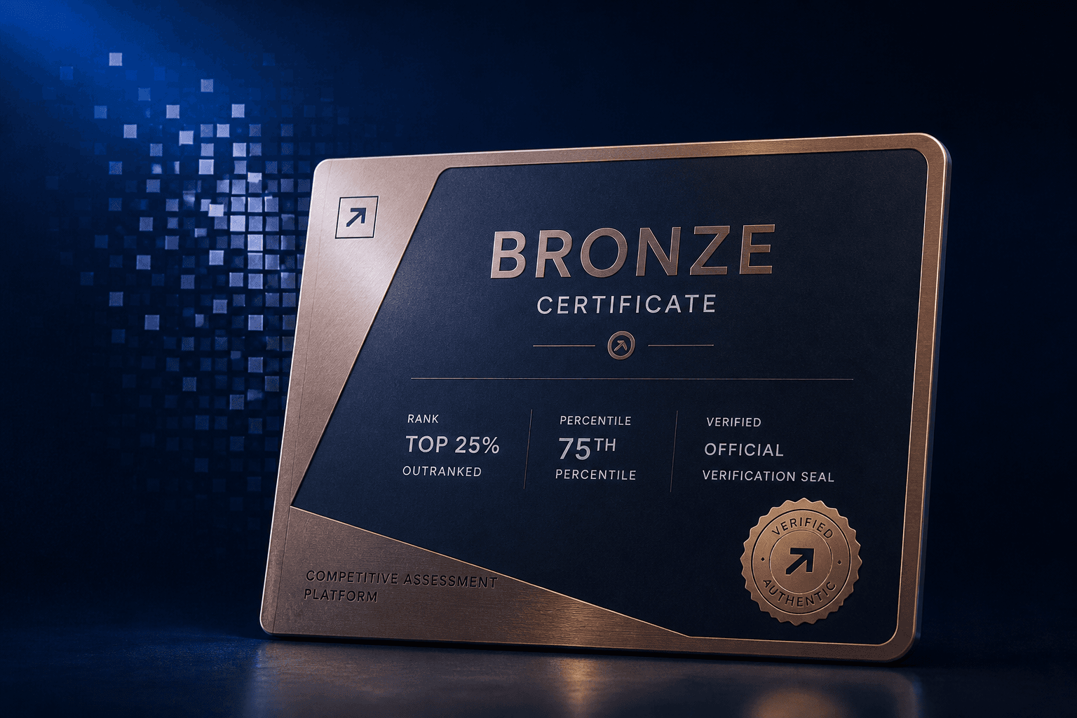 Bronze certificate on a modern landscape template with metallic accents, official verification seal, and performance ranking details