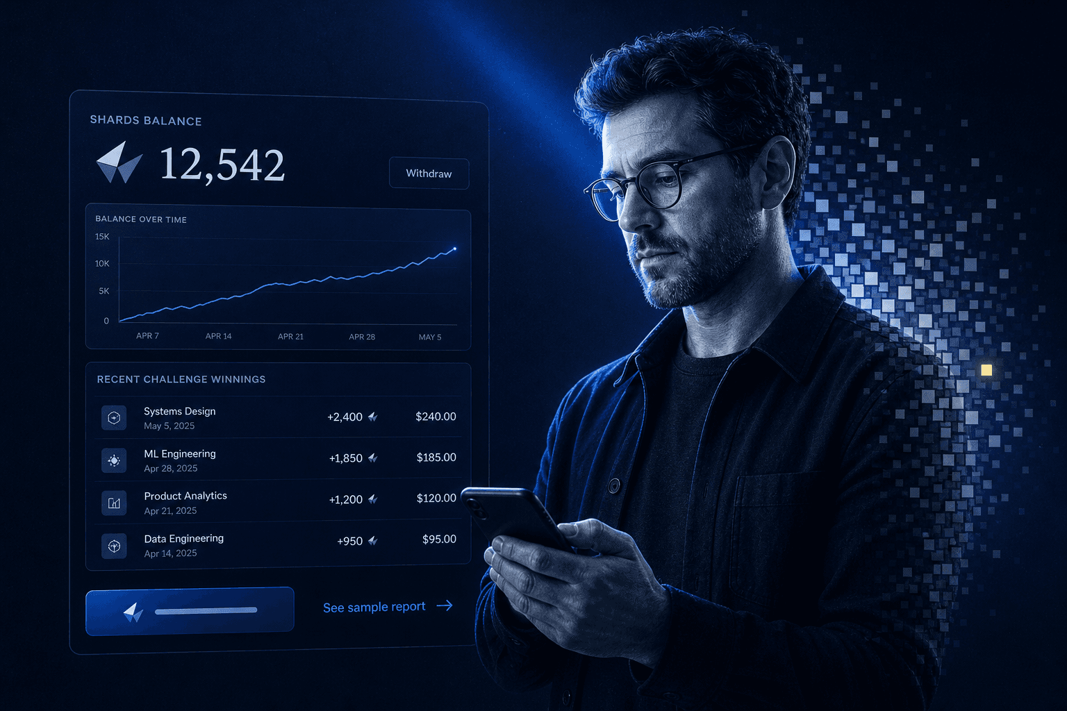 A dashboard of accumulated Shards balances and recent challenge winnings, with cash payouts available on demand