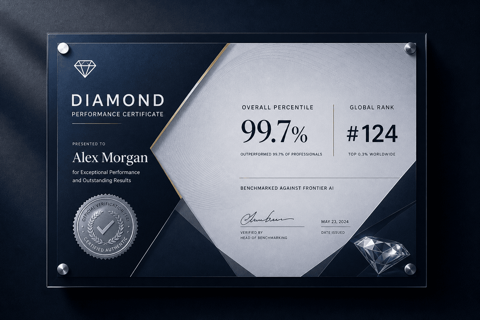 Diamond certificate on a modern landscape template with metallic accents, official verification seal, and performance ranking details