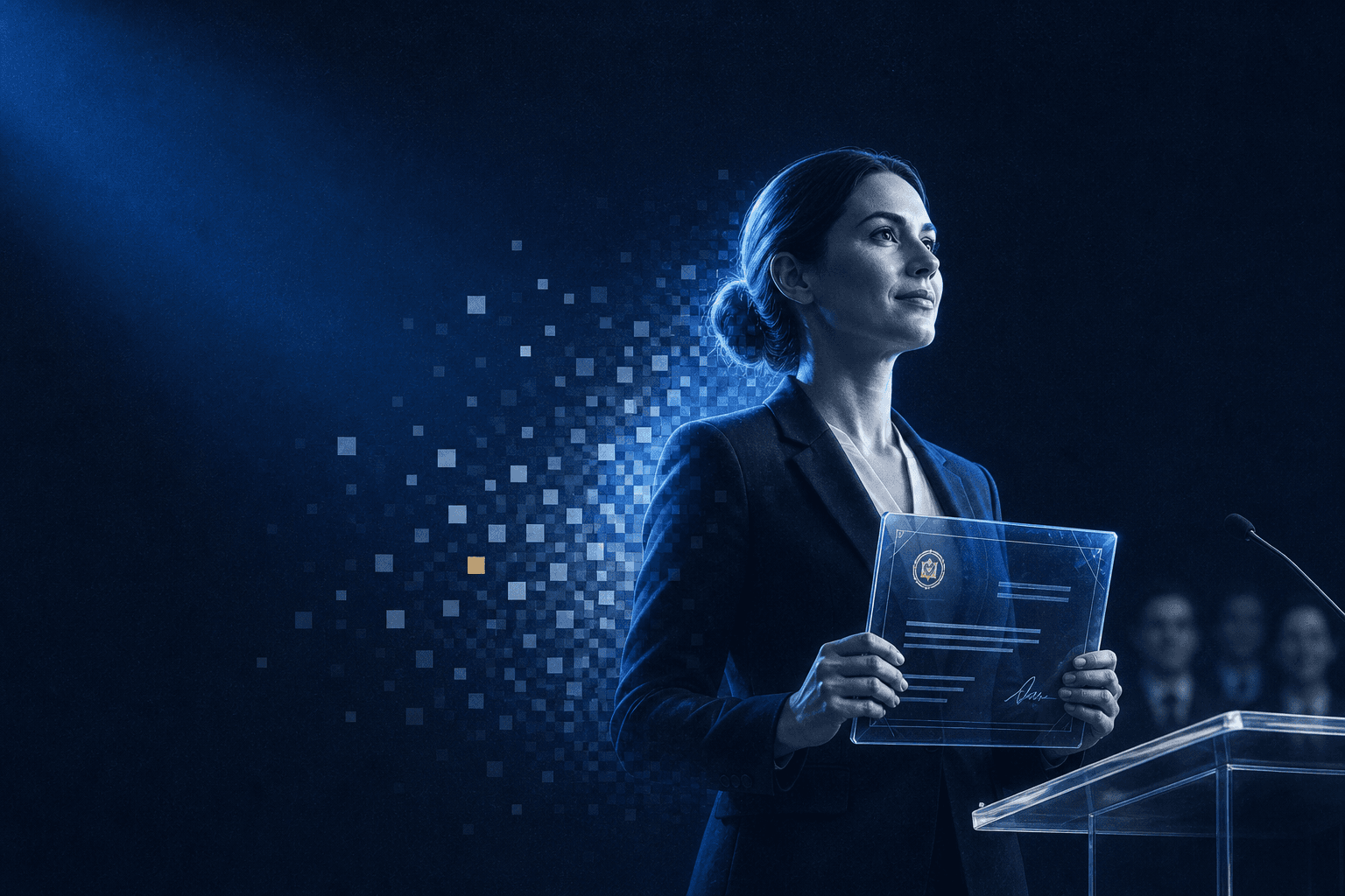 A confident professional standing at a podium receiving a futuristic certificate while AI holograms fade into the background, cinematic lighting, modern corporate setting