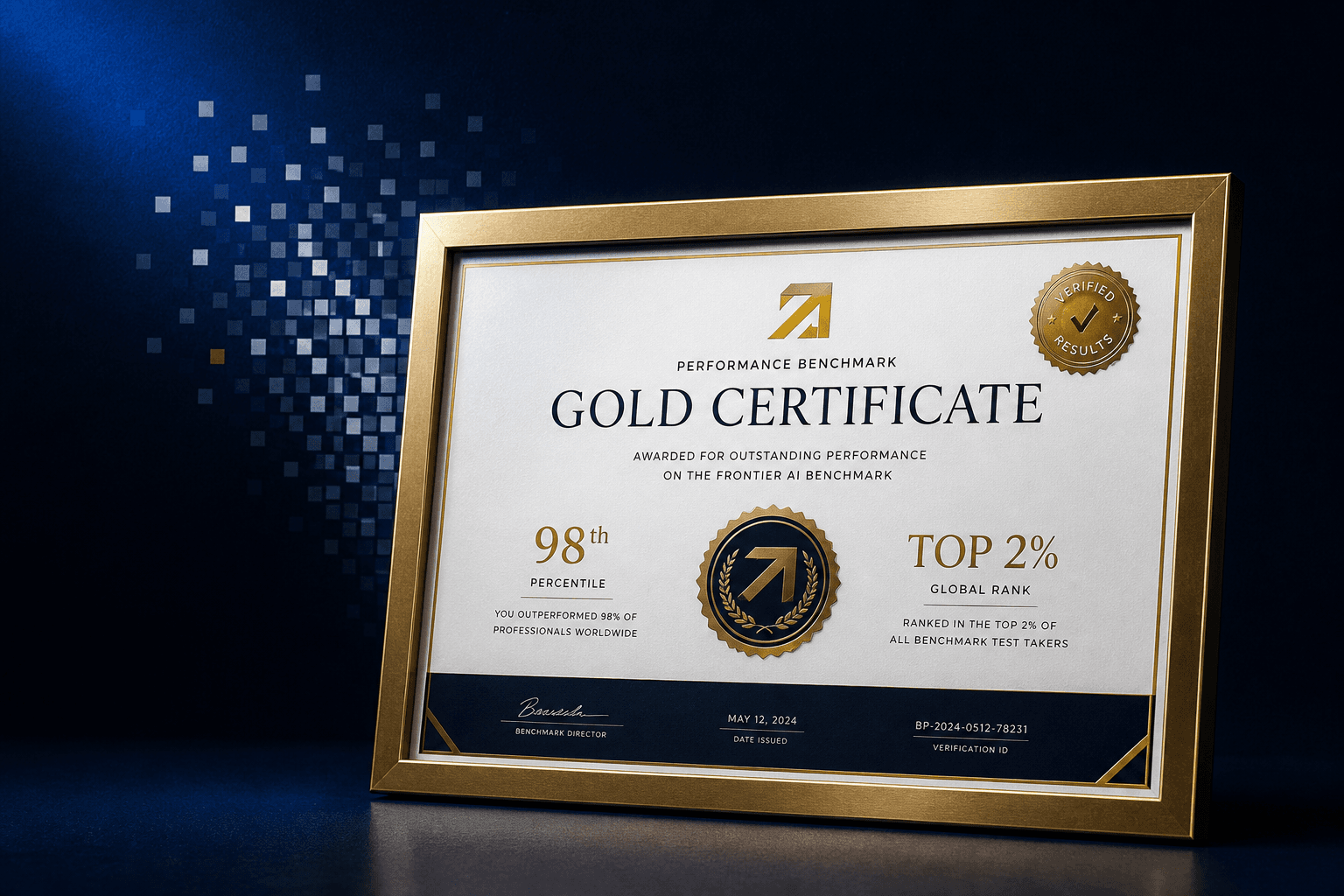 Gold certificate on a modern landscape template with metallic accents, official verification seal, and performance ranking details