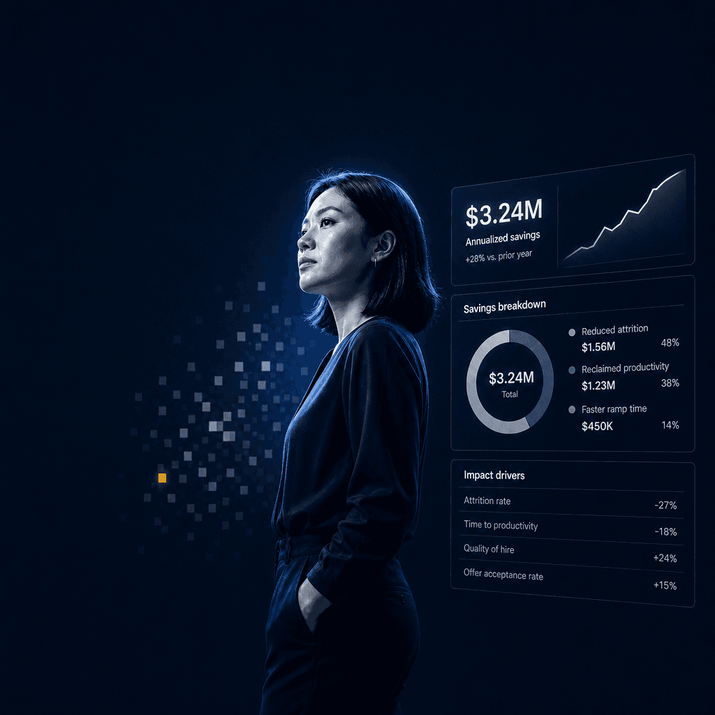 A dashboard with annualized savings figures showing reduced attrition and reclaimed productivity from performance-screened hires