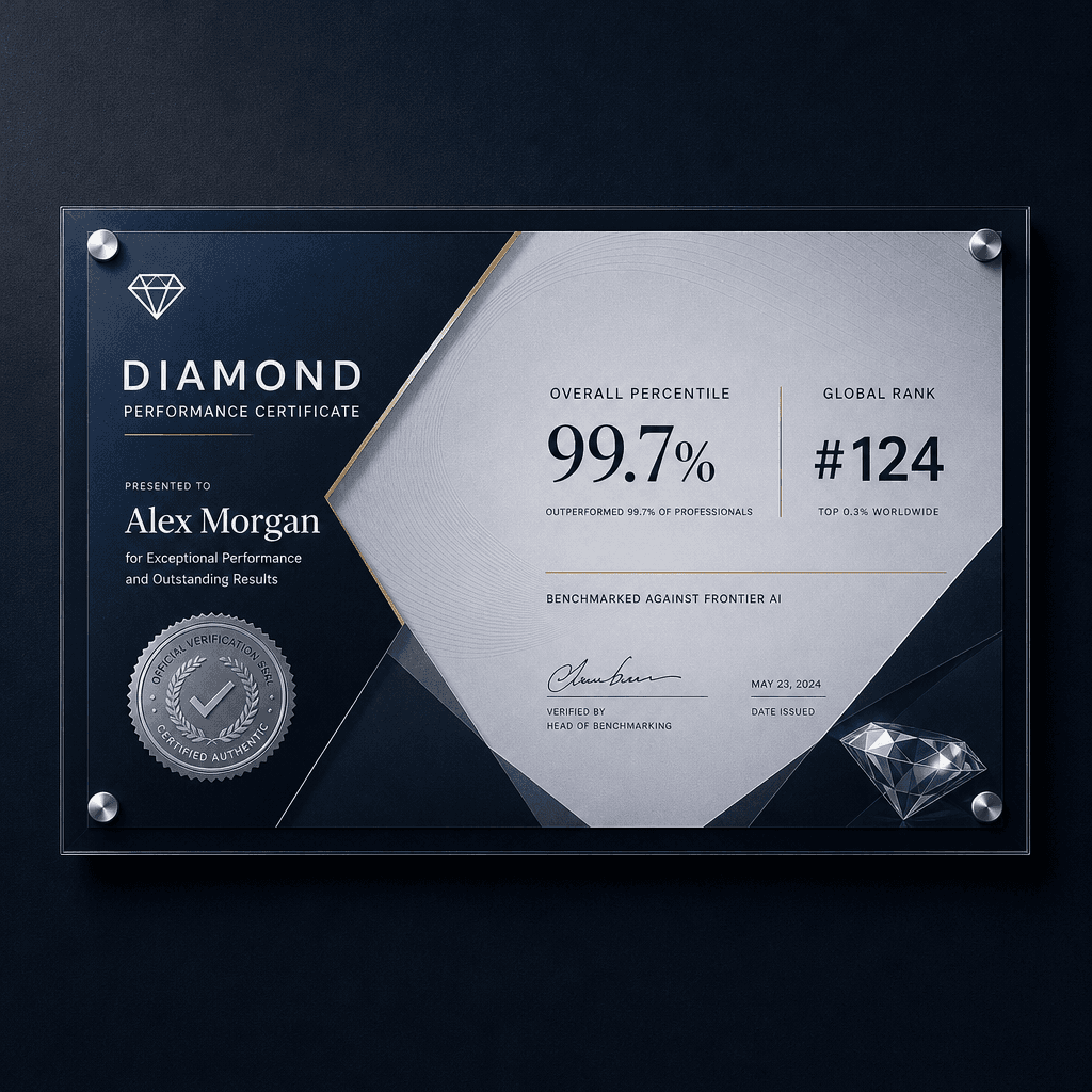 Diamond certificate on a modern landscape template with metallic accents, official verification seal, and performance ranking details