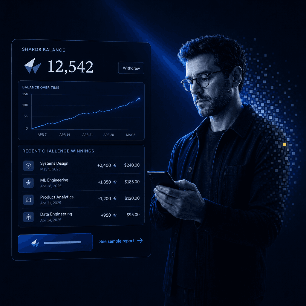 A dashboard of accumulated Shards balances and recent challenge winnings, with cash payouts available on demand