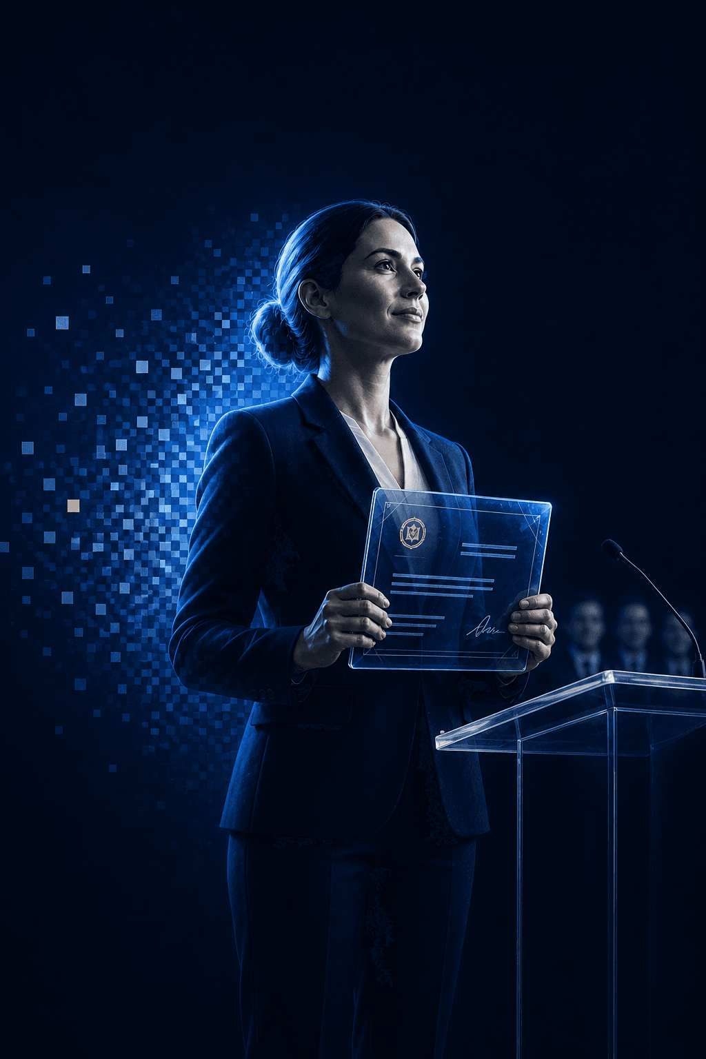A confident professional standing at a podium receiving a futuristic certificate while AI holograms fade into the background, cinematic lighting, modern corporate setting
