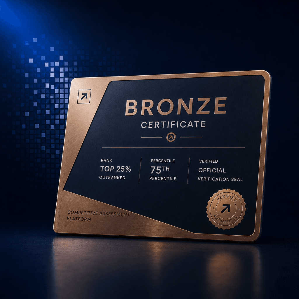 Bronze certificate on a modern landscape template with metallic accents, official verification seal, and performance ranking details