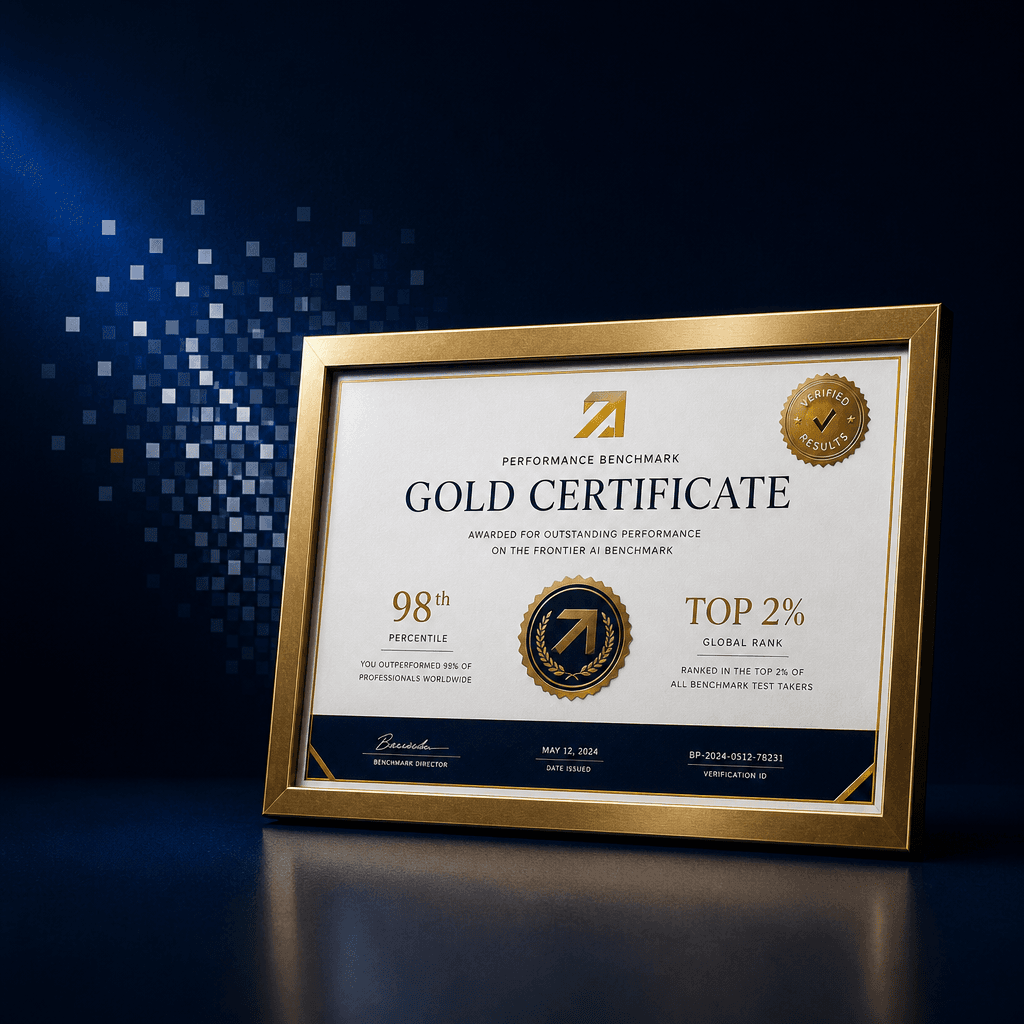 Gold certificate on a modern landscape template with metallic accents, official verification seal, and performance ranking details