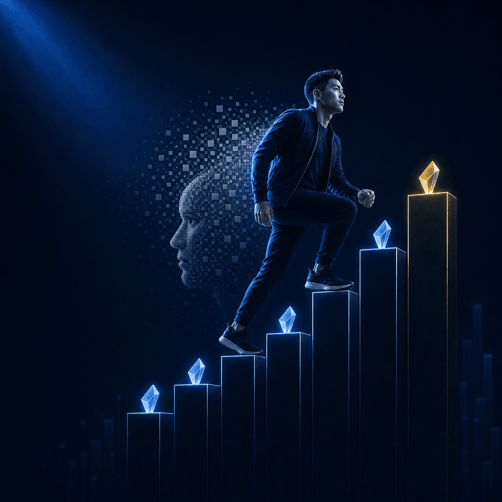 A dynamic leaderboard challenge scene where top-ranked professionals collect glowing shards as they climb above AI and peer benchmarks, sleek futuristic dashboard aesthetic