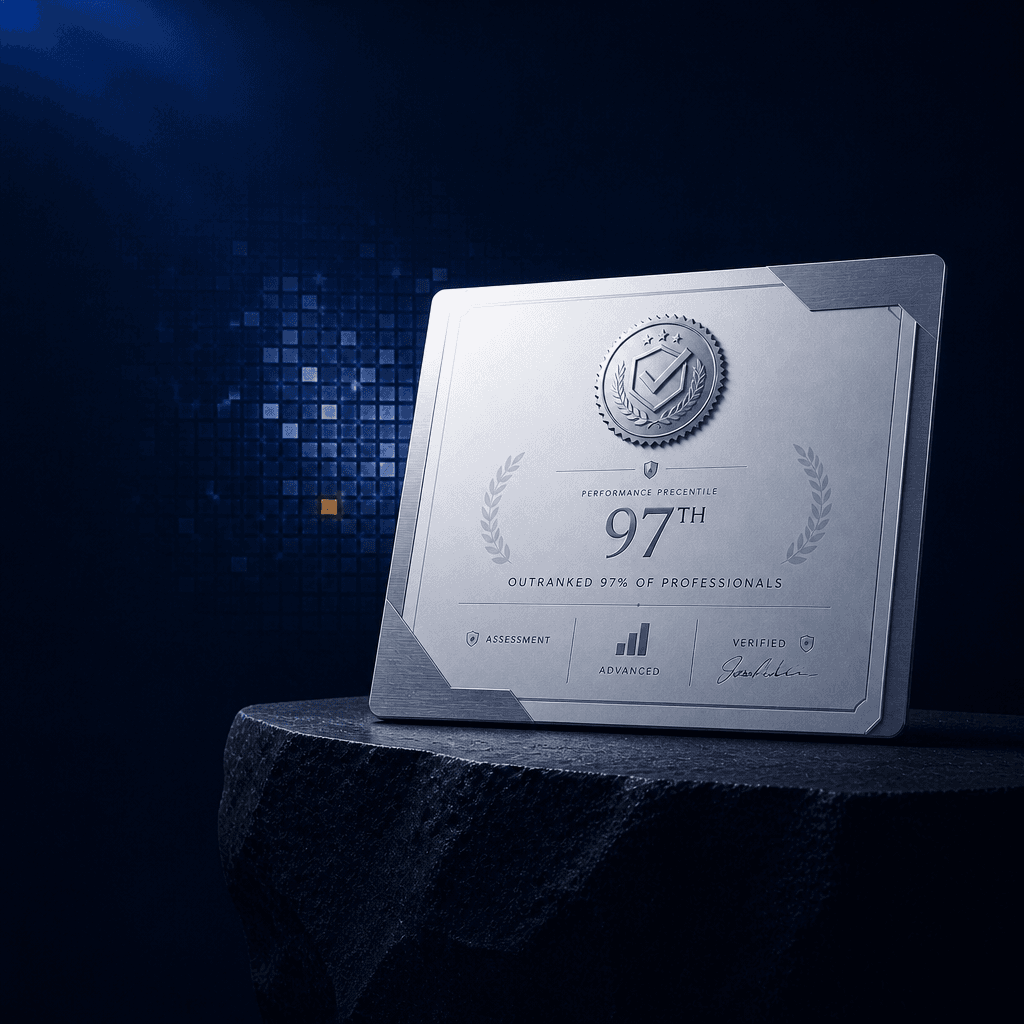 Silver certificate on a modern landscape template with metallic accents, official verification seal, and performance ranking details
